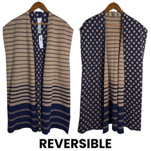 NEW Chico's Reversible Cardigan Sweater Vest Womens XL 3 Striped Polka Dot Blue - Picture 1 of 13